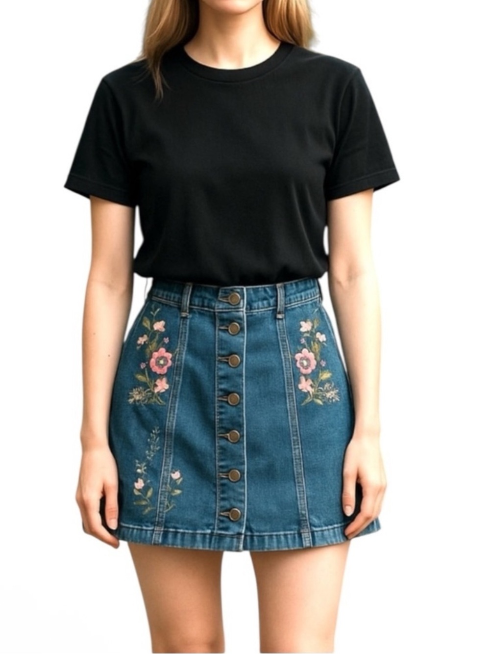 Mudd Skirt Size 3 Embroidered Floral Mini Y2K Button Front